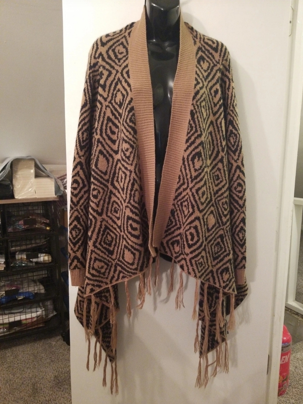 Faded Glory Tan and Black Fringed Knit Cardigan